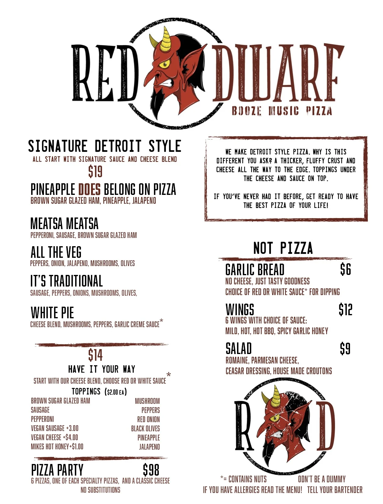 Red Dwarf Detroit-style pizza, wings, garlic bread, and salad menu