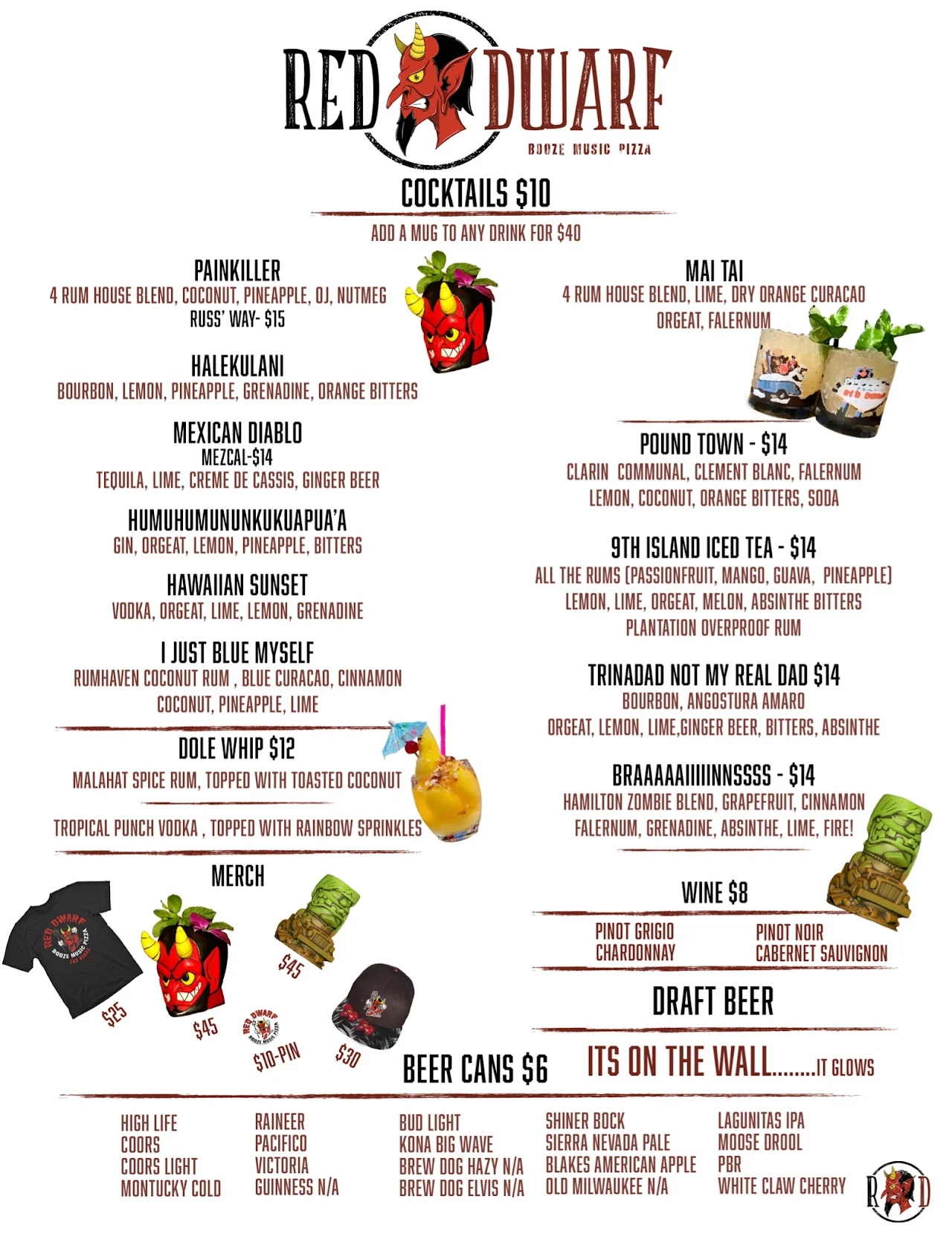 Red Dwarf cocktail, wine, draft beer, canned beer, and merchandise menu